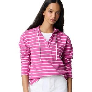 J. Crew Striped Cotton V-Neck Hoodie Pink White Preppy Coastal Size Large